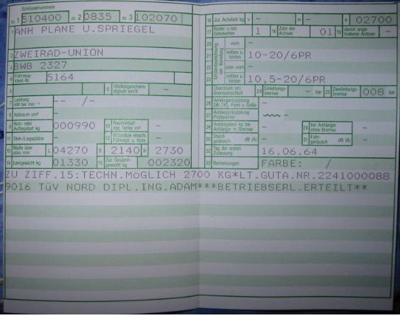 Fahrzeugschein 1,5t-Anh.