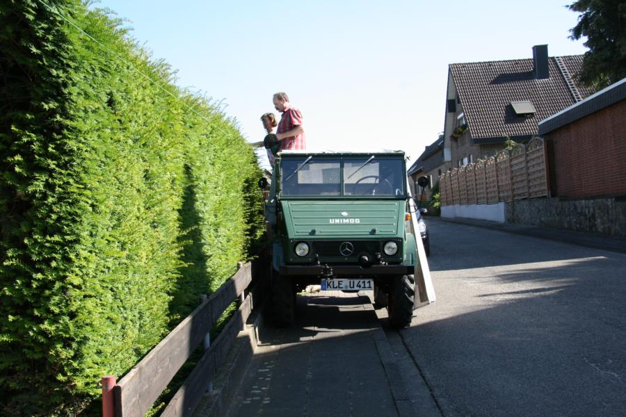 Unimog beim Hecke schneiden