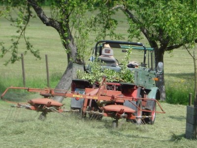 Unimog 421 mit Stoll Heuwender und Schwader UM410