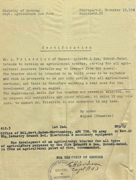 Die Produktionsgenehmigung mit Ergänzung vom 20. November 1945